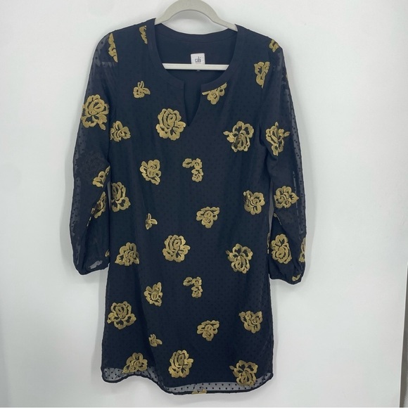 CAbi Swiss Dot Floral Style 3697 Occasion Dress black gold Sz S long sleeve - Picture 1 of 8
